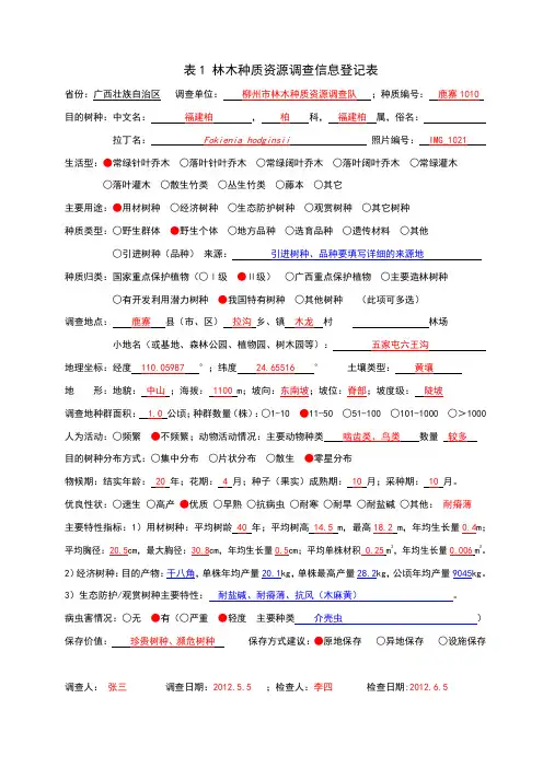 广西林木种质资源调查表格-填写范例