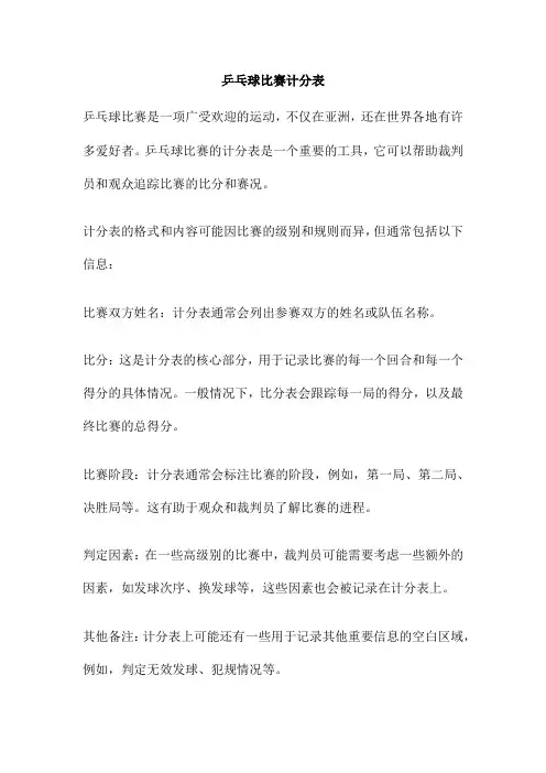 乒乓球比赛计分表