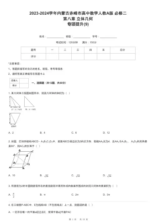 2023-2024学年内蒙古赤峰市高中数学人教A版 必修二第八章 立体几何专项提升-9-含解析