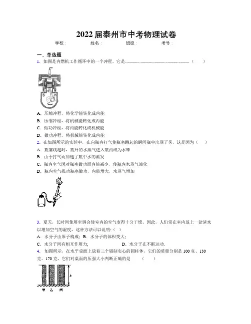 2022届泰州市中考物理试卷