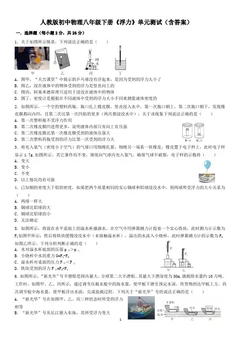 人教版初中物理八年级下册《浮力》单元测试(含答案)