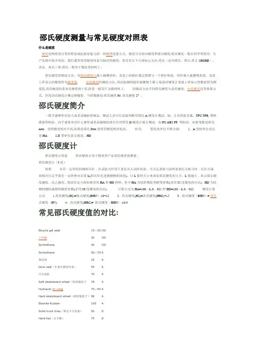 塑胶邵氏硬度测量与常见硬度对照表