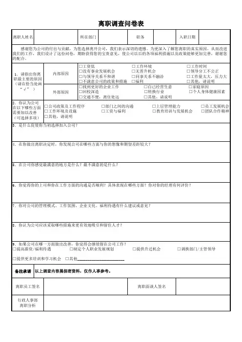 员工离职调查问卷表模版