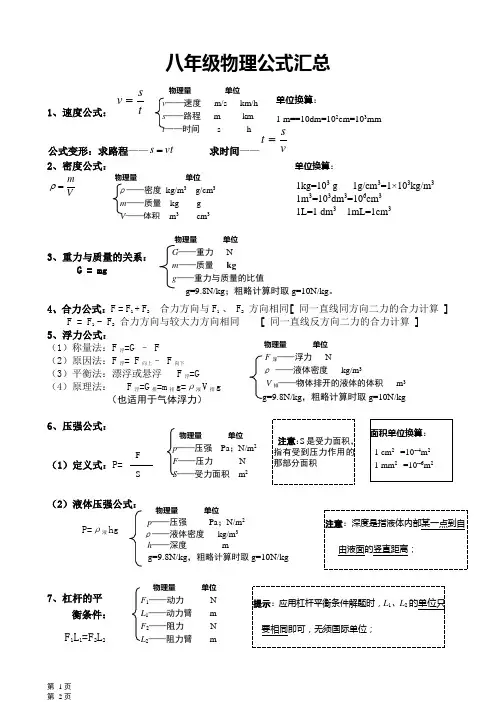 新人教版物理八年级所学物理公式汇总