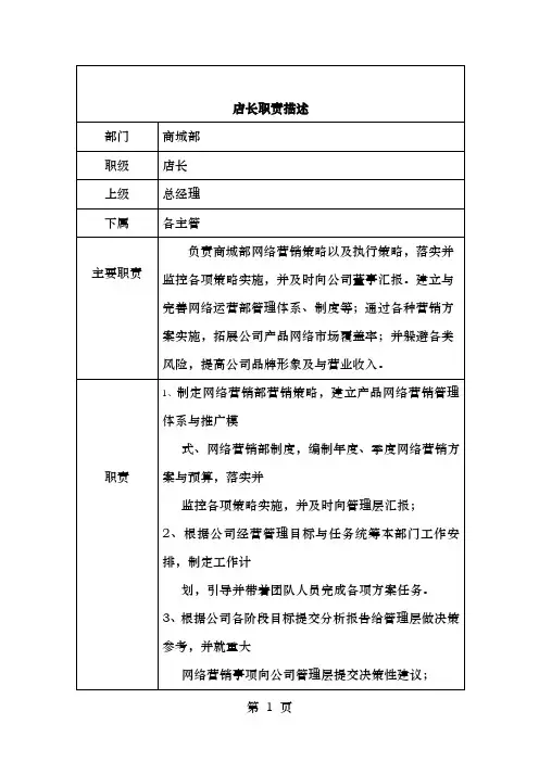 淘宝店主要部门基本职能