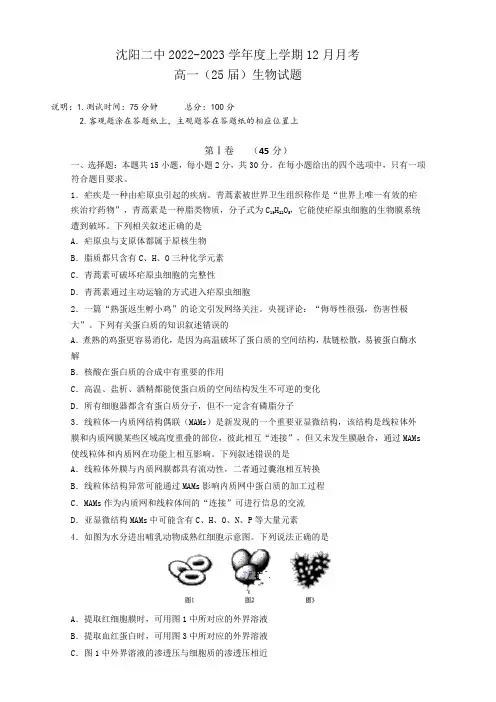 2022-2023学年辽宁省沈阳市第二中学高一上学期12月月考生物试题