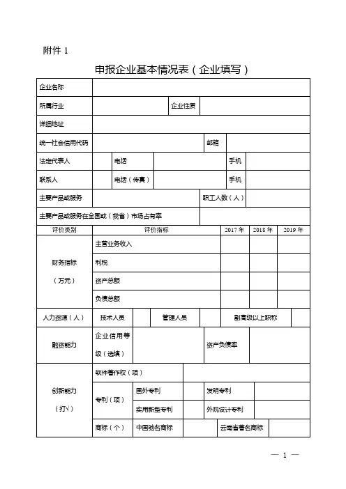 云南省省级成长型中小企业基本情况表、评分表和标准