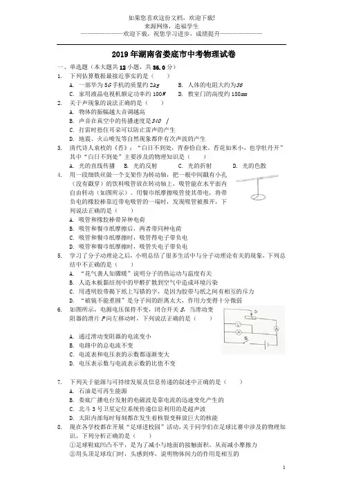 湖南省娄底市2019年中考物理真题试题(含解析)