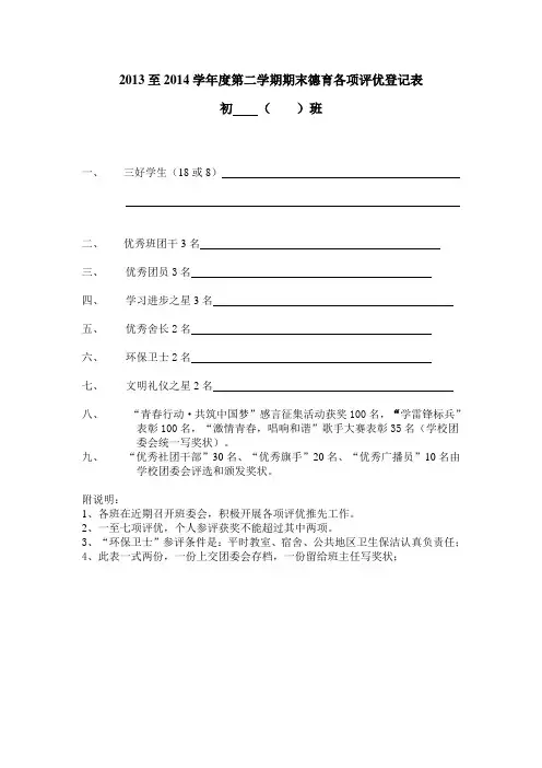 2013至2014学年度第二学期期末德育各项评优登记表