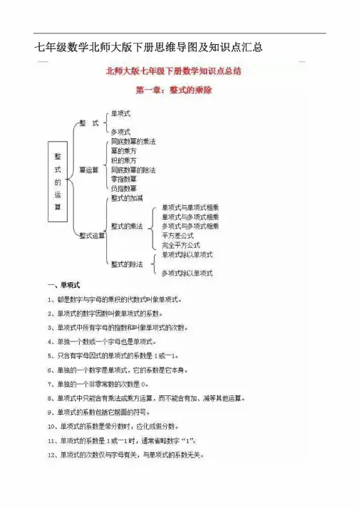 初中七年级数学北师大版下册思维导图及知识点汇总