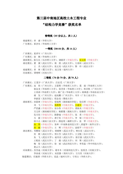 第三届中南结构力学竞赛获奖名单