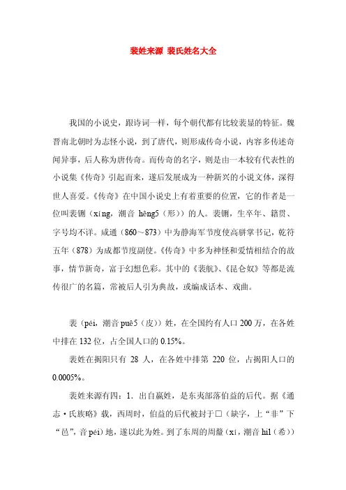 裴姓来源裴氏姓名大全