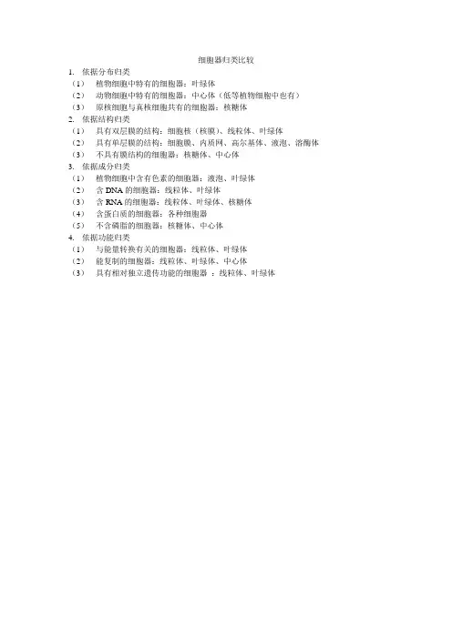 细胞器归类比较