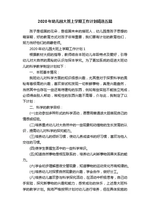 2020年幼儿园大班上学期工作计划精选五篇