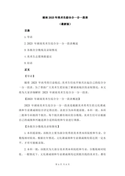 湖南2023年美术生综合分一分一段表