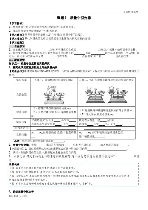 人教版初中初三年级九年级化学上册  质量守恒定律 精品导学案(1)