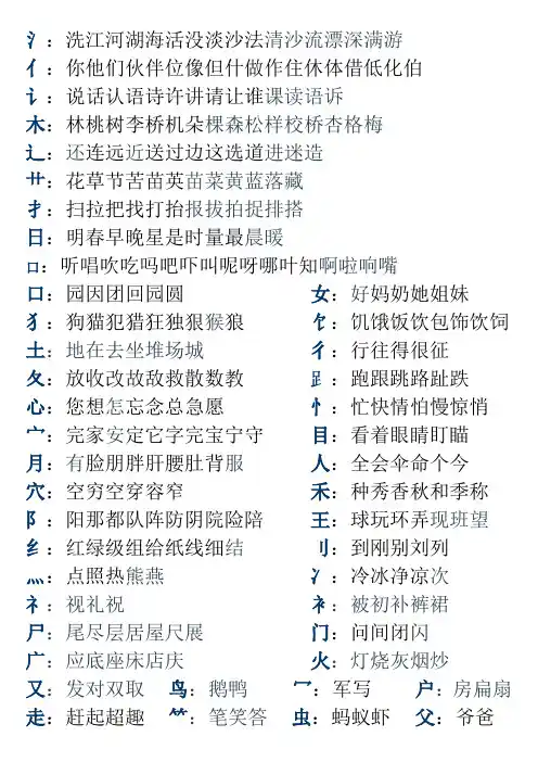 (完整版)一年级生字偏旁部首分类表