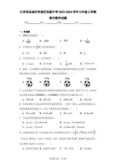 江苏省盐城市亭湖区初级中学2023-2024学年七年级上学期期中数学试题