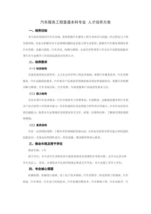 汽车服务工程普通本科专业 人才培养方案