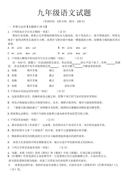 山东省青岛市市南区2023-2024学年九年级上学期11月期中考试语文试题