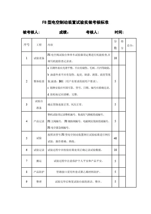 铁道车辆专业《F8型电空制动装置实做试验考核标准2》