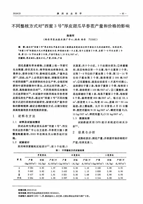不同整枝方式对“西蜜3号”厚皮甜瓜早春茬产量和价格的影响