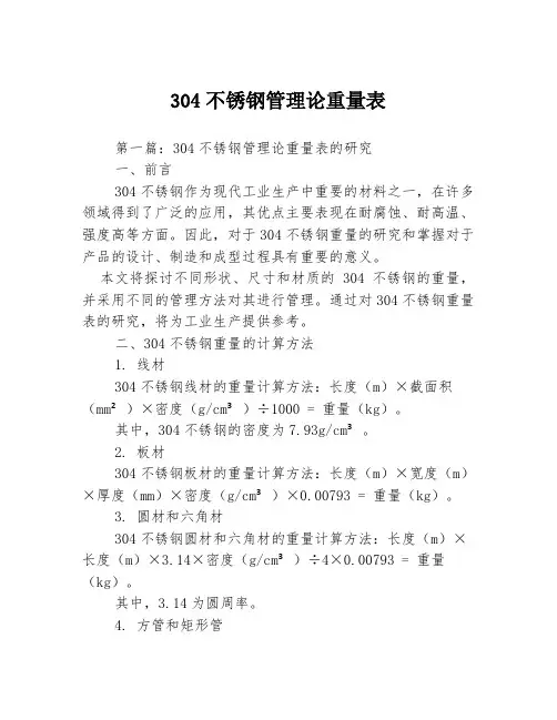 304不锈钢管理论重量表