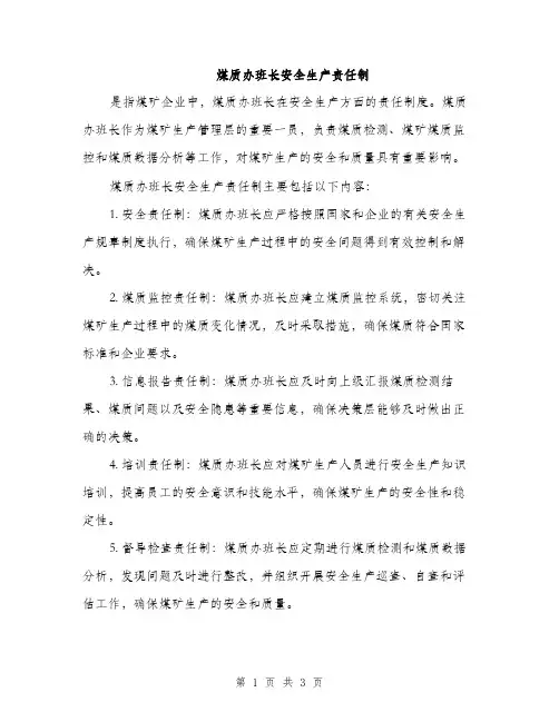 煤质办班长安全生产责任制（2篇）