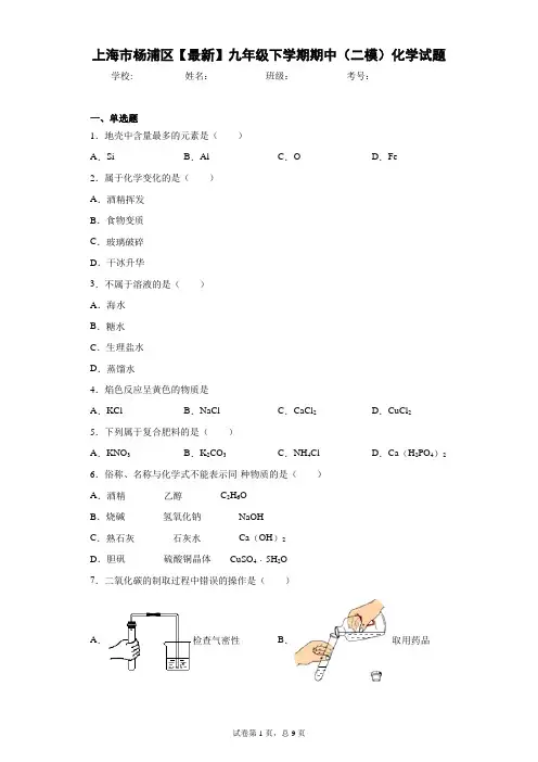 上海市杨浦区2020-2021学年九年级下学期期中(二模)化学试题 答案和解析