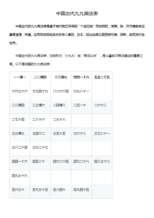 中国古代九九乘法表