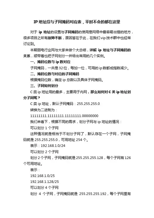 IP地址段与子网掩码对应表，平时不会的都在这里