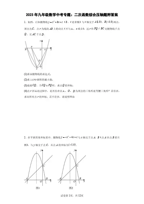 2023年九年级数学中考专题：二次函数综合压轴题附答案附答案