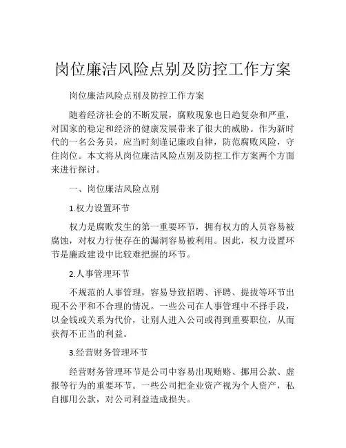 岗位廉洁风险点别及防控工作方案
