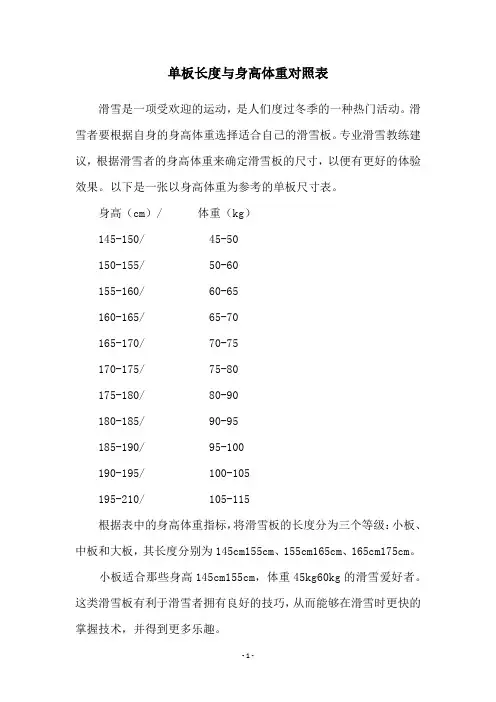 单板长度与身高体重对照表