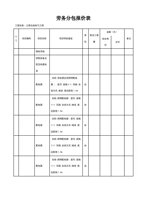 劳务分包报价表