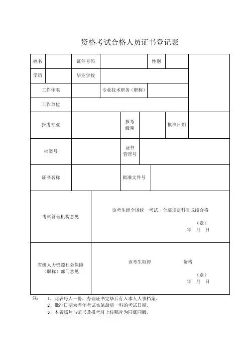 资格考试合格人员证书登记表