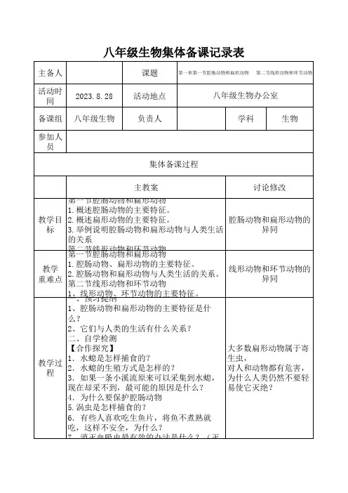 第一周八年级生物集体备课记录表
