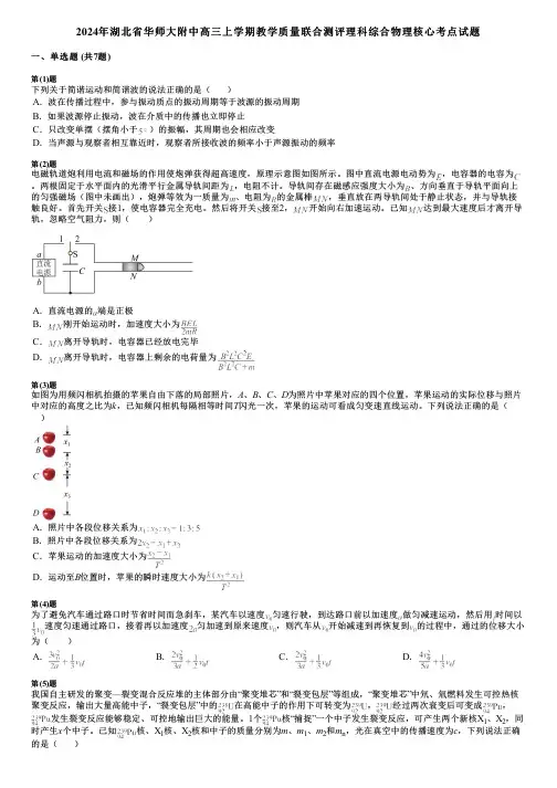 2024年湖北省华师大附中高三上学期教学质量联合测评理科综合物理核心考点试题