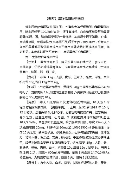【偏方】治疗低血压中医方