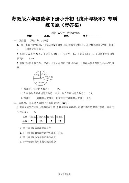 苏教版六年级数学下册小升初《统计与概率》专项练习题(带答案)