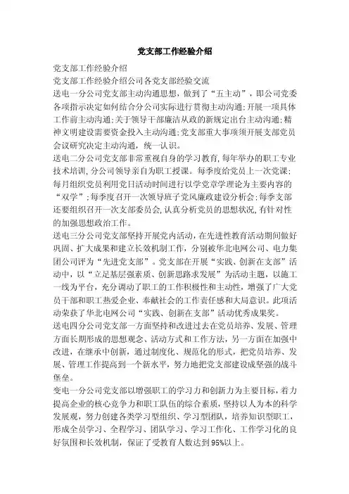 党支部工作经验介绍（范本）