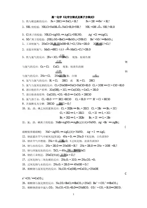 高一必修一化学方程式及离子方程式