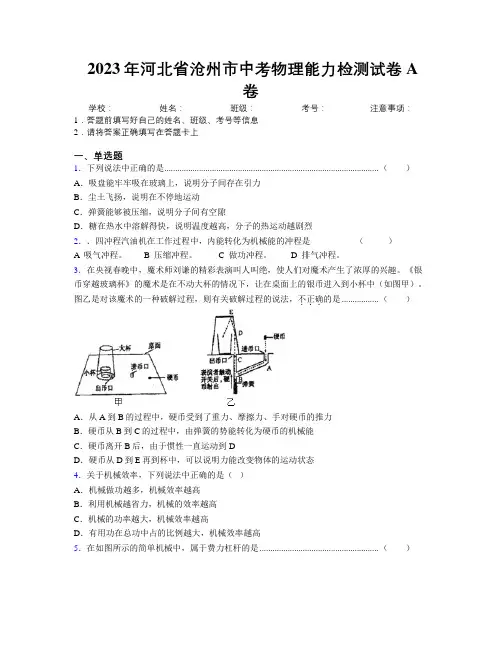 2023年河北省沧州市中考物理能力检测试卷A卷附解析
