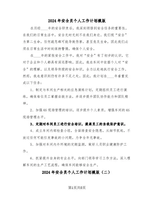 2024年安全员个人工作计划模版（五篇）