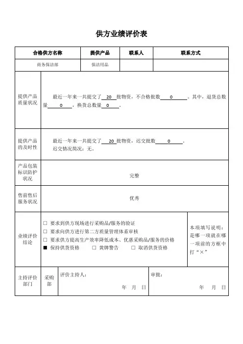 合格供应商业绩评价表