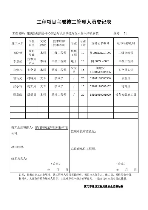 工程项目主要施工管理人员登记表