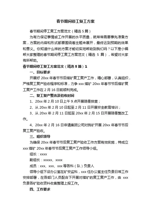 春节期间停工复工方案范文（精选5篇）