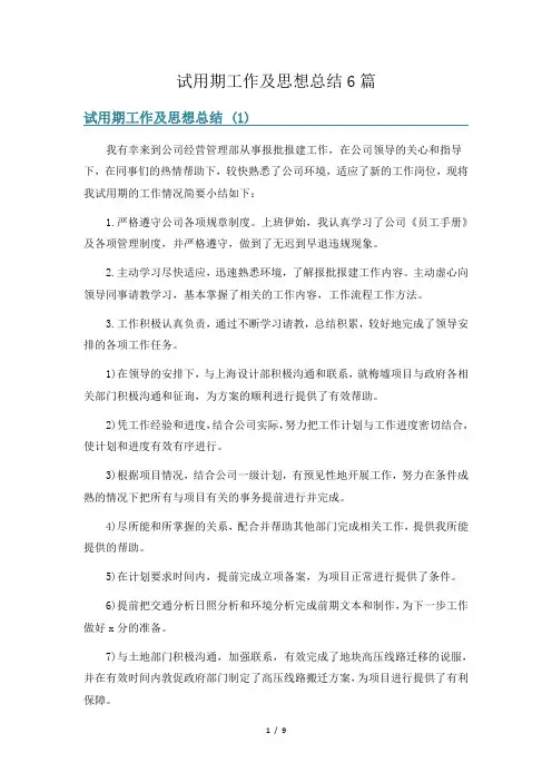 试用期工作及思想总结6篇