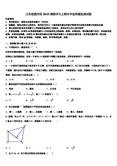 江苏省泗洪县2024届数学九上期末学业质量监测试题含解析