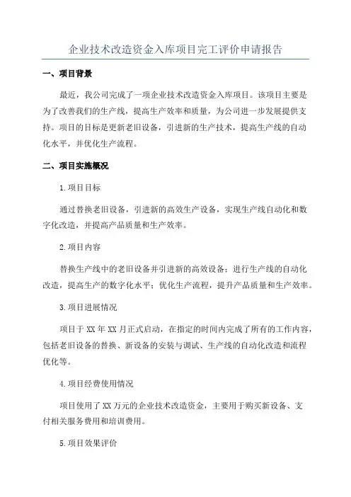 企业技术改造资金入库项目完工评价申请报告